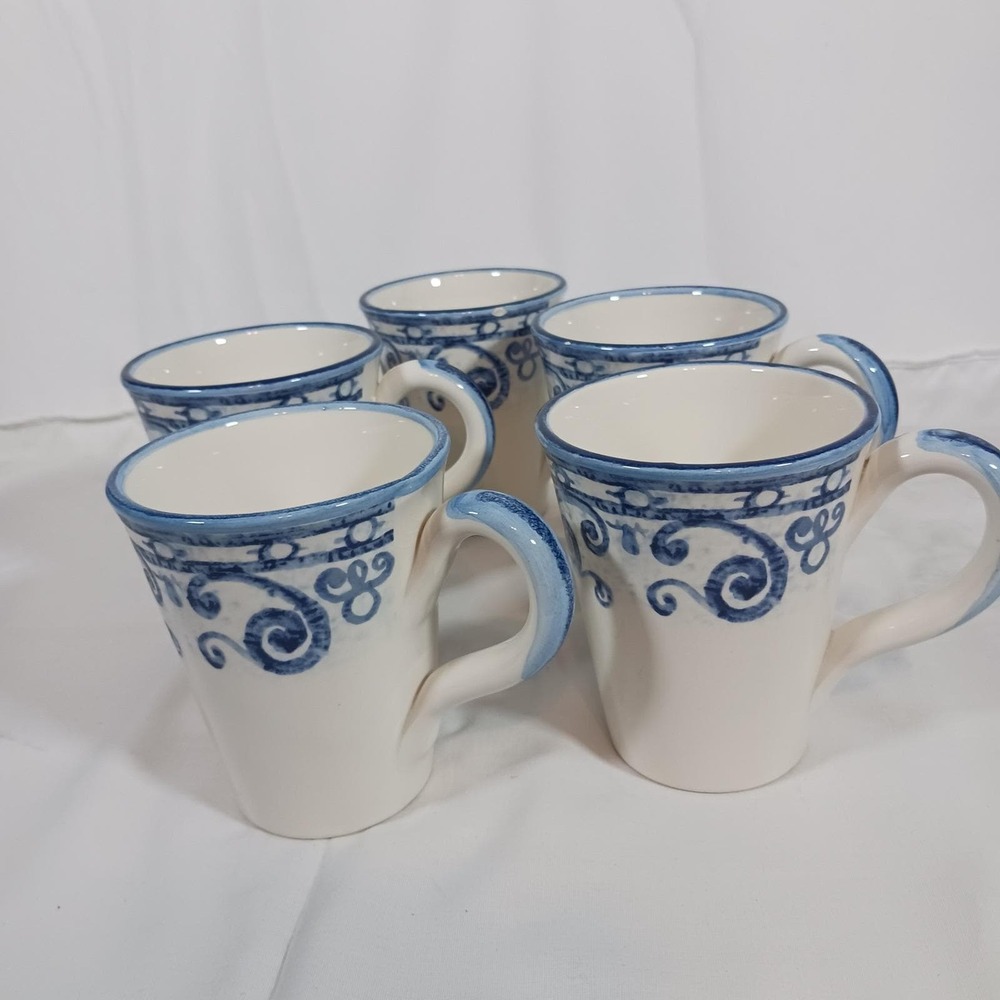 Artimino Verona Coffee Mugs Set of 5 Blue White Good Italy Earthenware Scroll